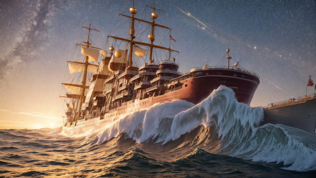 Zoomバーチャル背景 荒波の大海を進む大型船