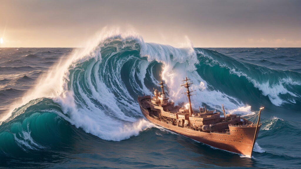 Zoomバーチャル背景 荒波の大海を進む大型船