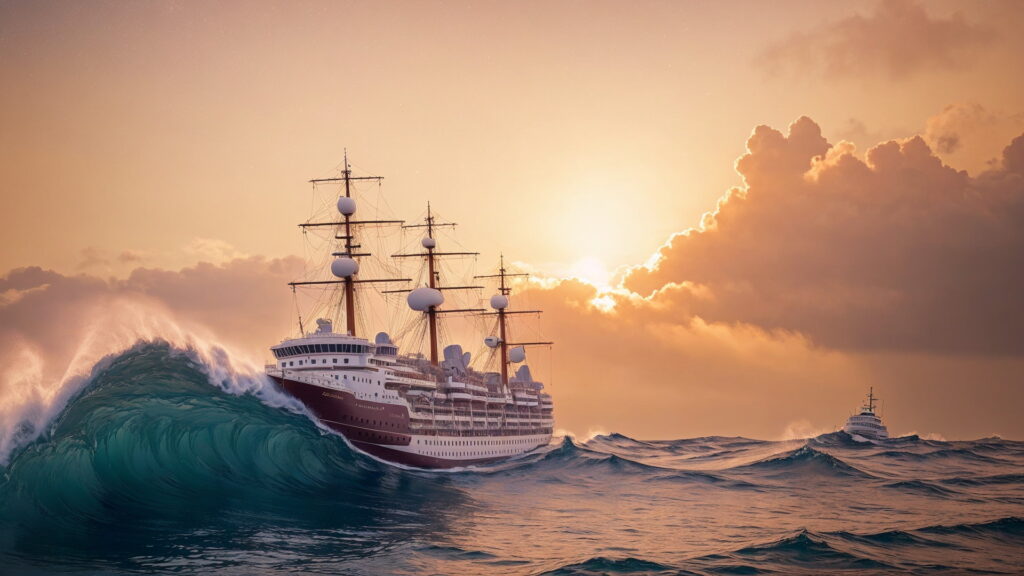 Zoomバーチャル背景 荒波の大海を進む大型船