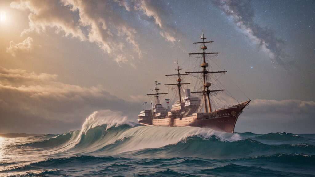 Zoomバーチャル背景 荒波の大海を進む大型船