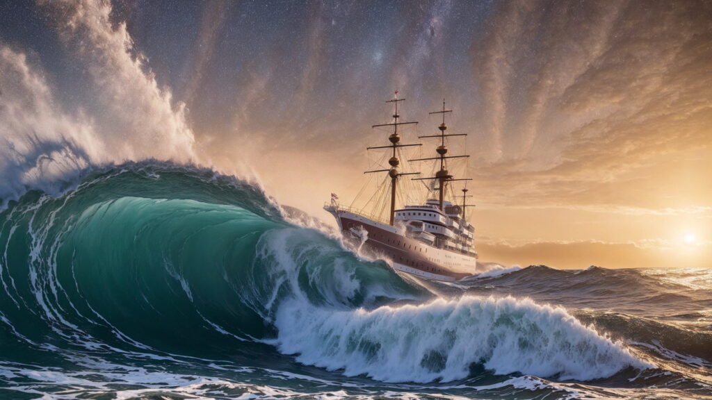 Zoomバーチャル背景 荒波の大海を進む大型船