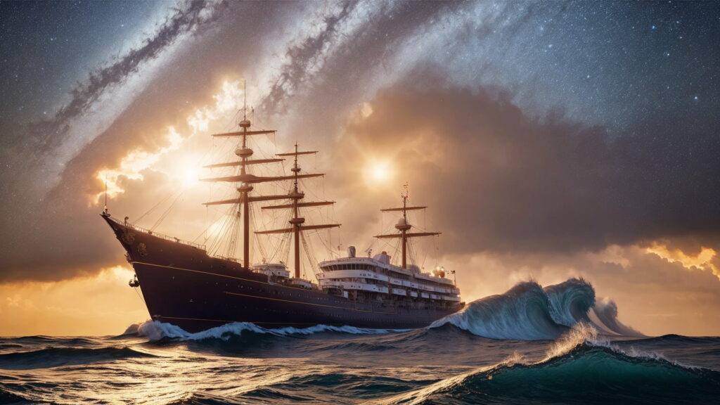 Zoomバーチャル背景 荒波の大海を進む大型船