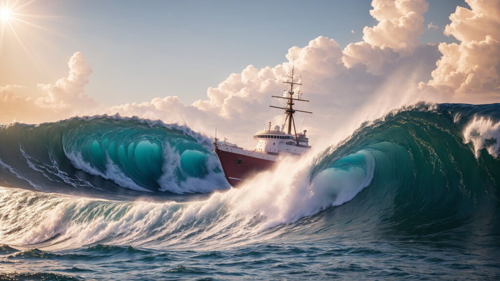 Zoomバーチャル背景 荒波の大海を進む大型船