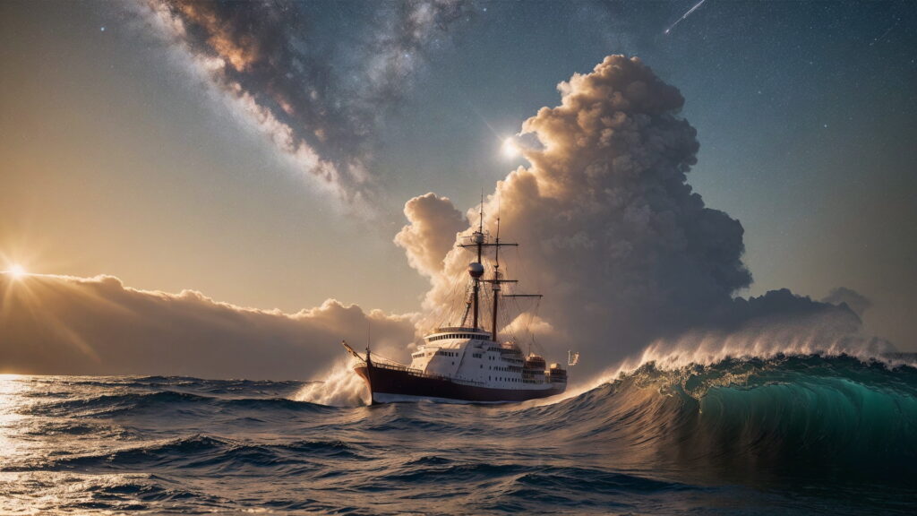 Zoomバーチャル背景 荒波の大海を進む大型船