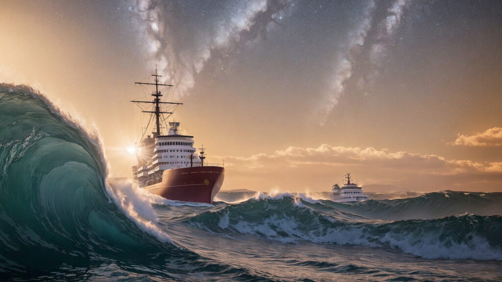 Zoomバーチャル背景 荒波の大海を進む大型船