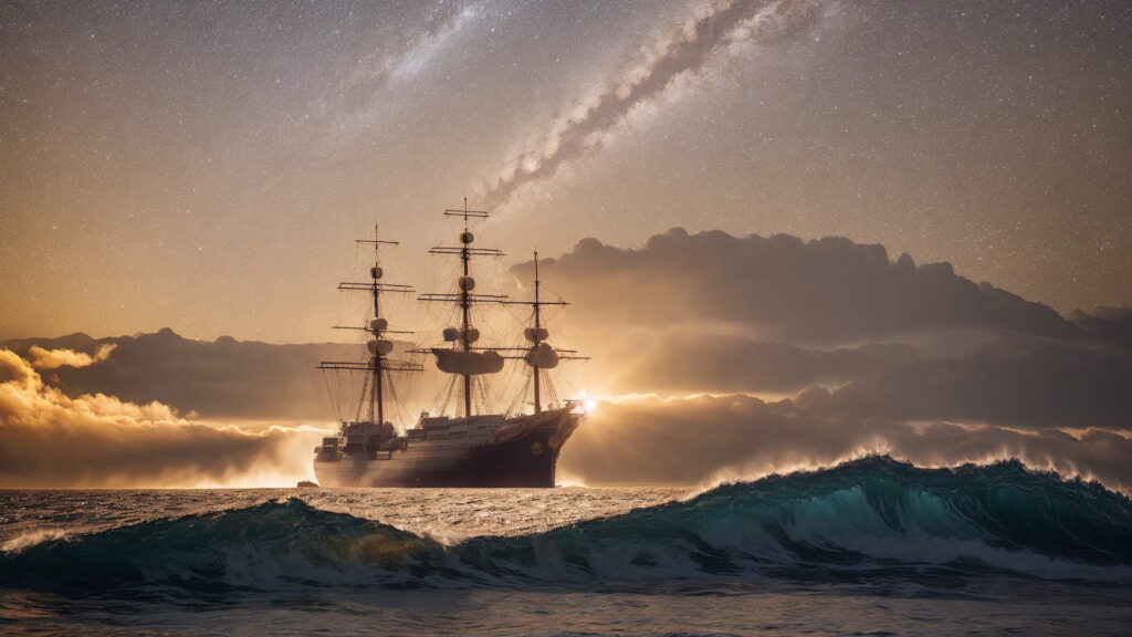 Zoomバーチャル背景 荒波の大海を進む大型船