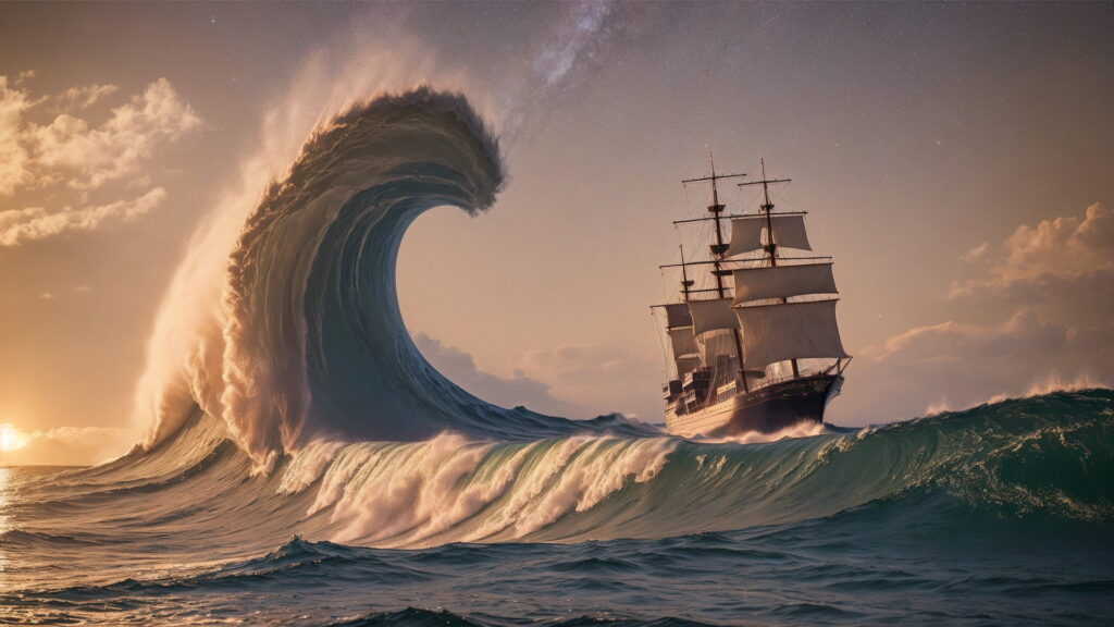 Zoomバーチャル背景 荒波の大海を進む大型船