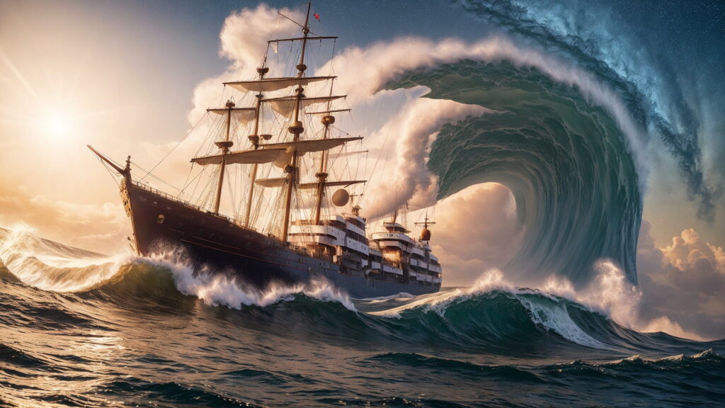 Zoomバーチャル背景 荒波の大海を進む大型船