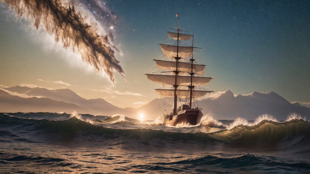 Zoomバーチャル背景 荒波の大海を進む大型船