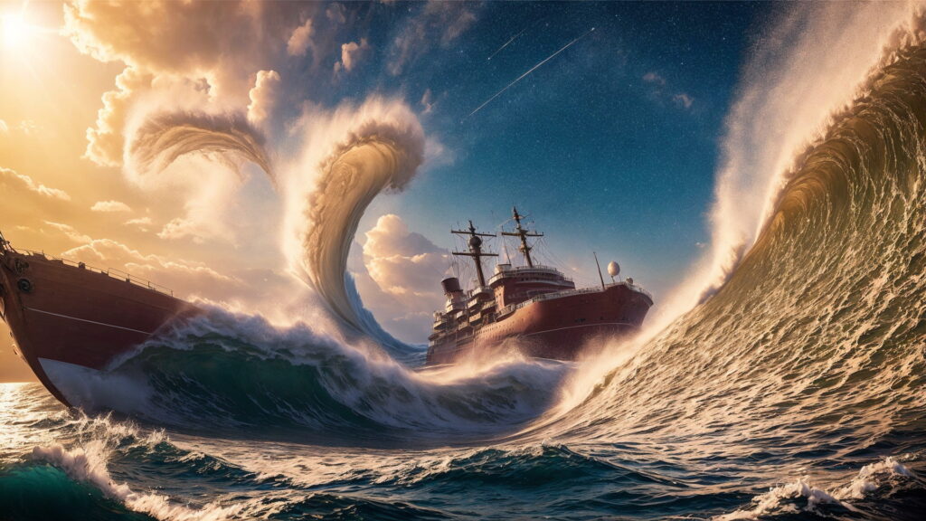 Zoomバーチャル背景 荒波の大海を進む大型船