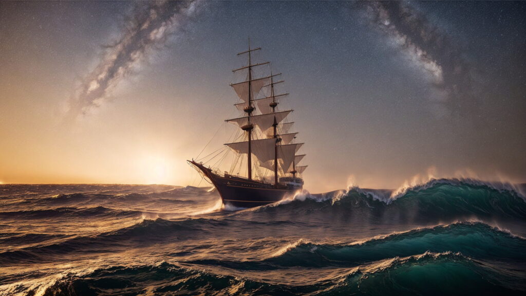 Zoomバーチャル背景 荒波の大海を進む大型船