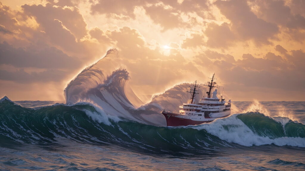 Zoomバーチャル背景 荒波の大海を進む大型船