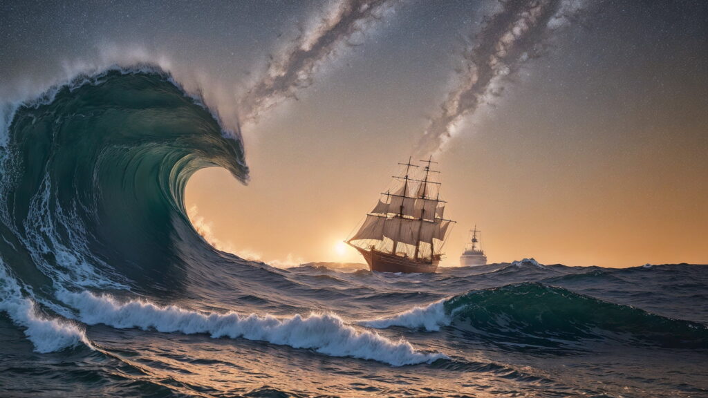 Zoomバーチャル背景 荒波の大海を進む大型船