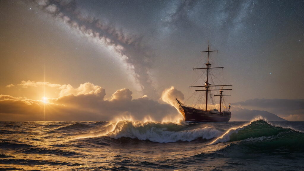 Zoomバーチャル背景 荒波の大海を進む大型船