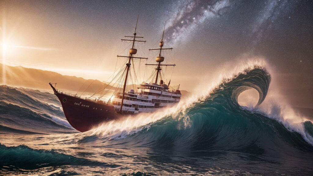 Zoomバーチャル背景 荒波の大海を進む大型船