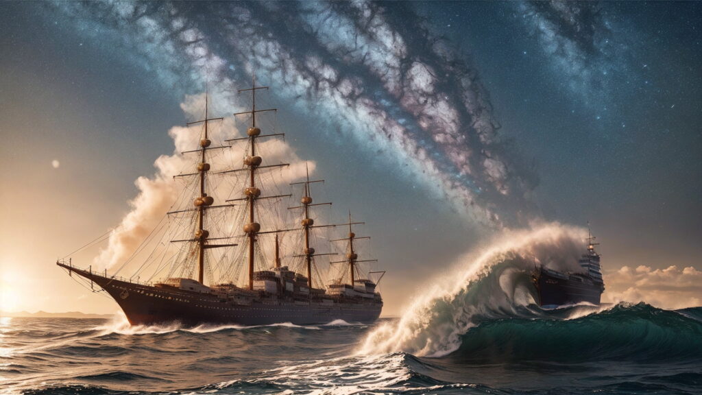 Zoomバーチャル背景 荒波の大海を進む大型船