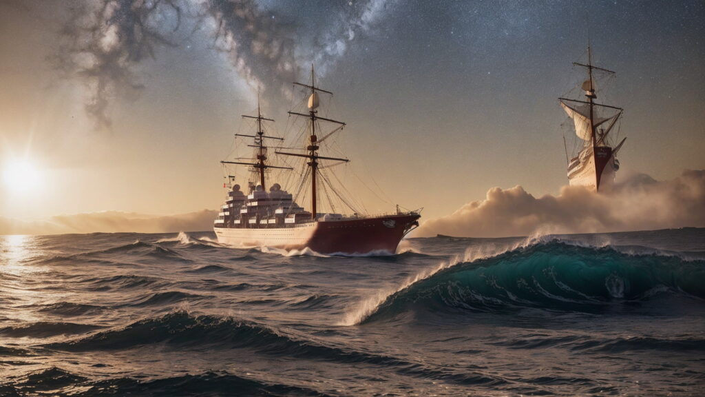 Zoomバーチャル背景 荒波の大海を進む大型船