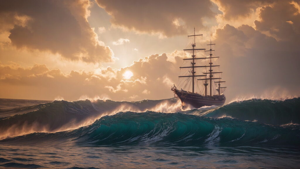 Zoomバーチャル背景 荒波の大海を進む大型船