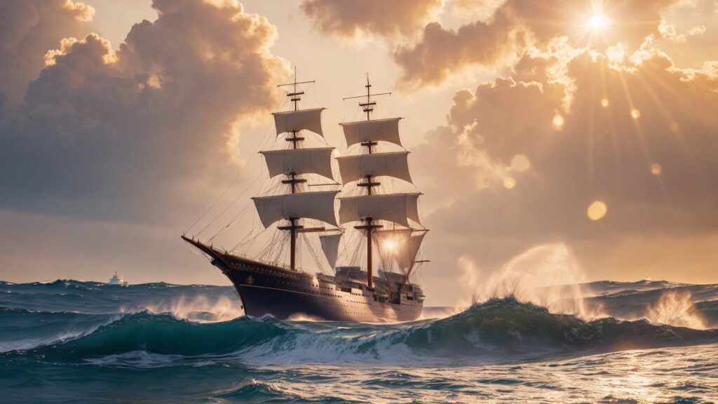 Zoomバーチャル背景 荒波の大海を進む大型船