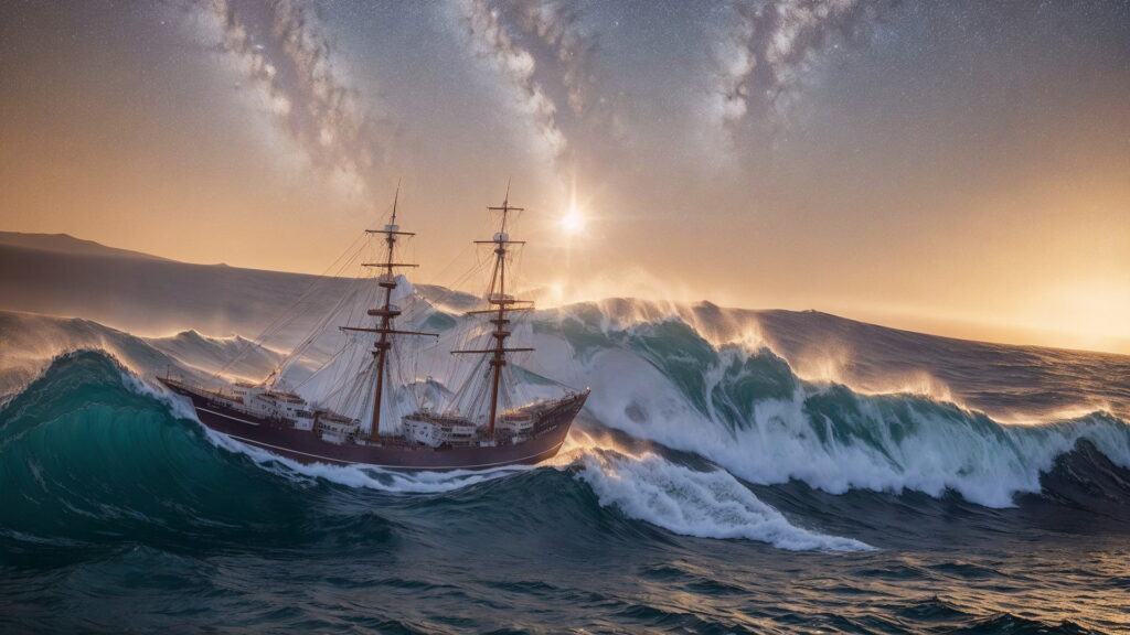 Zoomバーチャル背景 荒波の大海を進む大型船