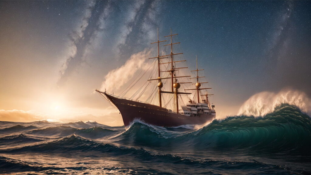 Zoomバーチャル背景 荒波の大海を進む大型船