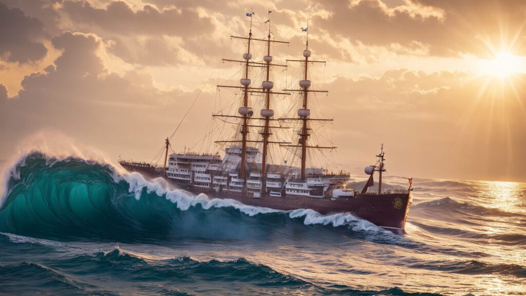 Zoomバーチャル背景 荒波の大海を進む大型船