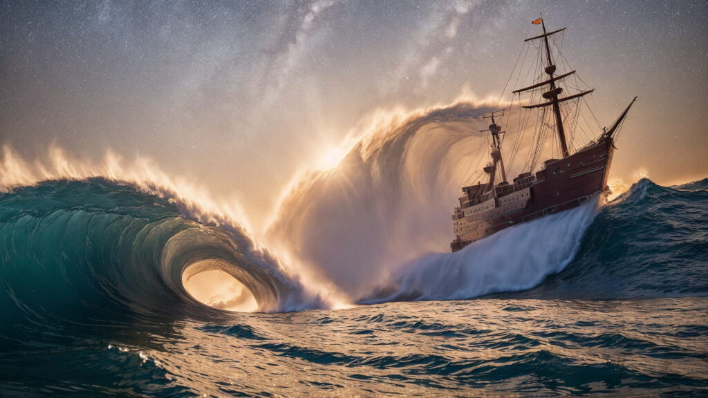 Zoomバーチャル背景 荒波の大海を進む大型船