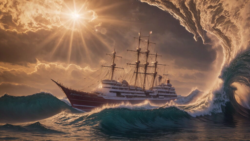 Zoomバーチャル背景 荒波の大海を進む大型船