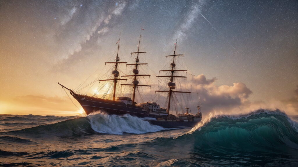 Zoomバーチャル背景 荒波の大海を進む大型船