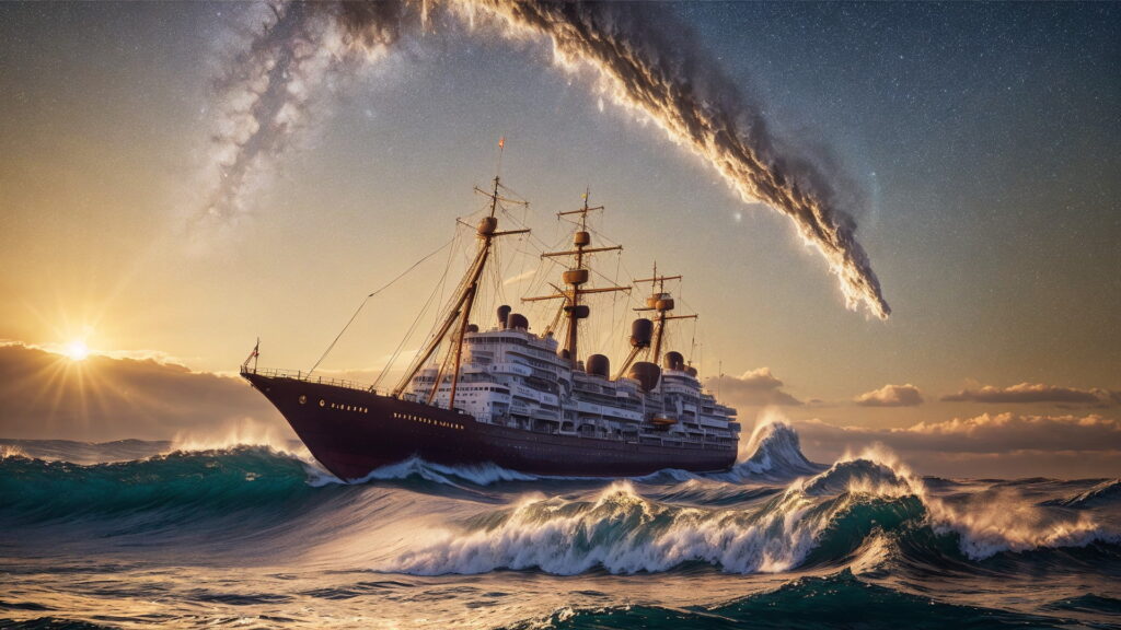 Zoomバーチャル背景 荒波の大海を進む大型船