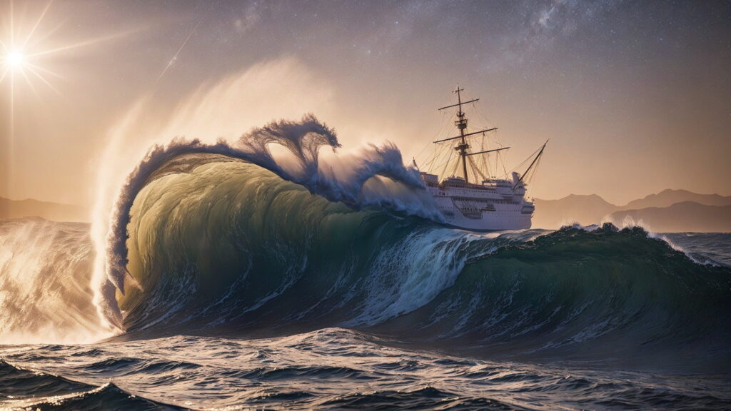 Zoomバーチャル背景 荒波の大海を進む大型船