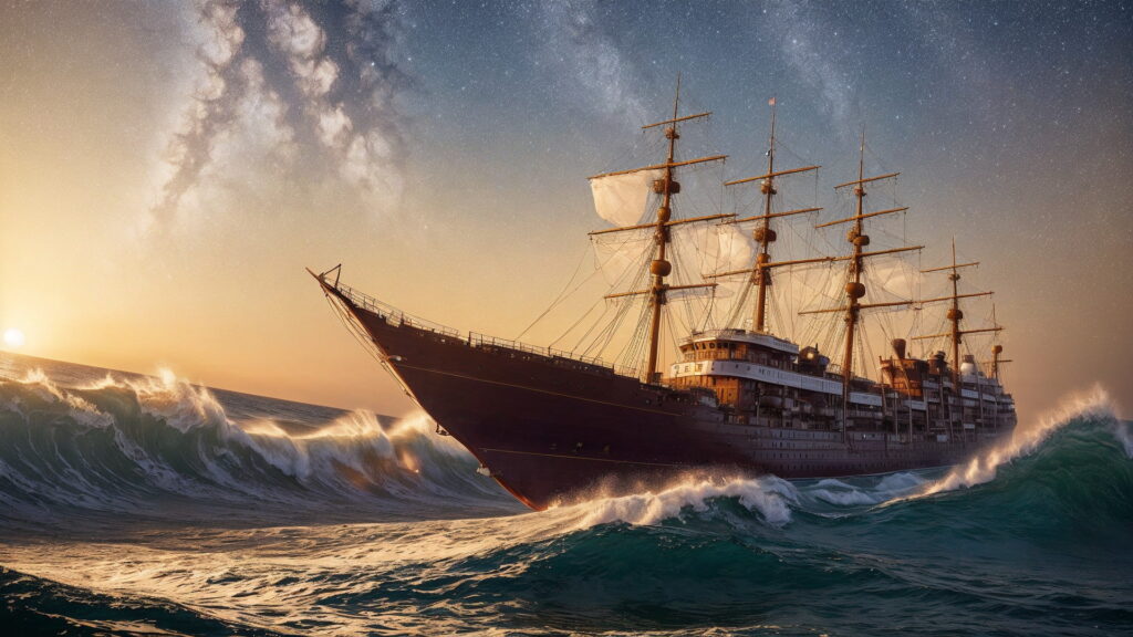 Zoomバーチャル背景 荒波の大海を進む大型船