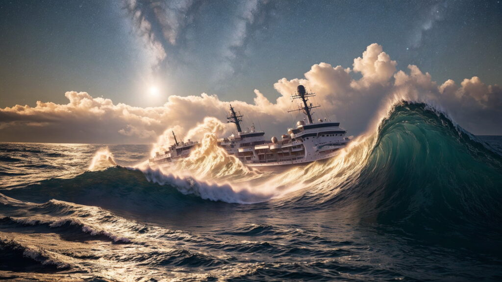 Zoomバーチャル背景 荒波の大海を進む大型船