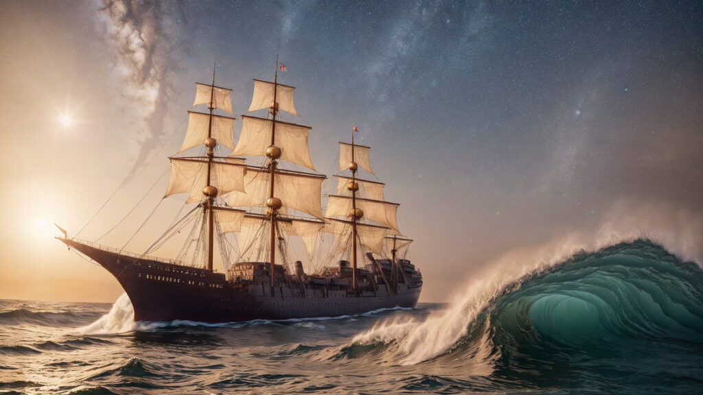 Zoomバーチャル背景 荒波の大海を進む大型船