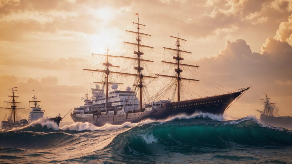 Zoomバーチャル背景 荒波の大海を進む大型船