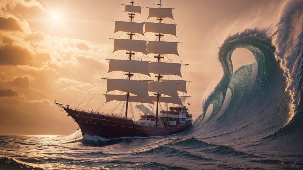 Zoomバーチャル背景 荒波の大海を進む大型船