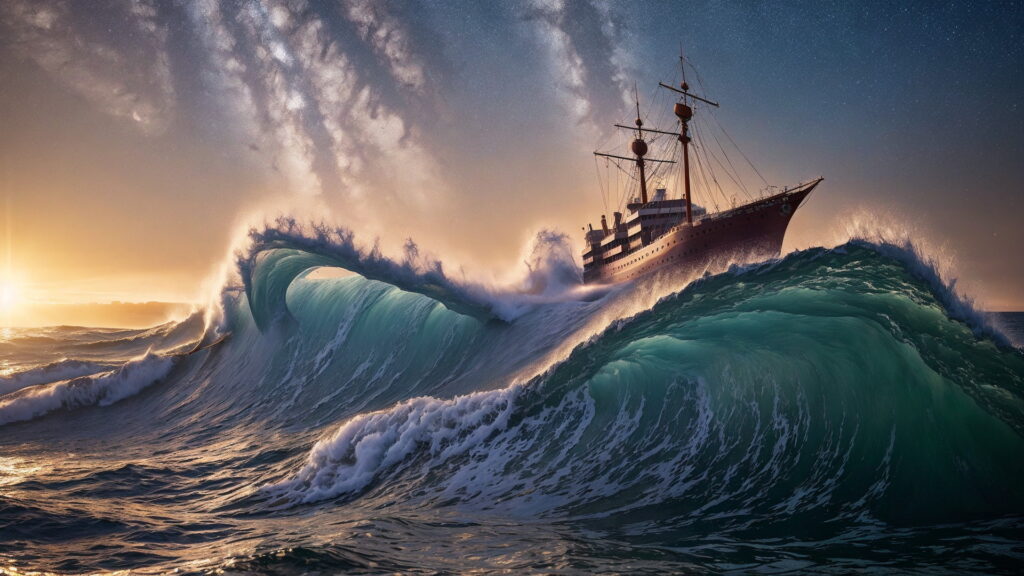 Zoomバーチャル背景 荒波の大海を進む大型船