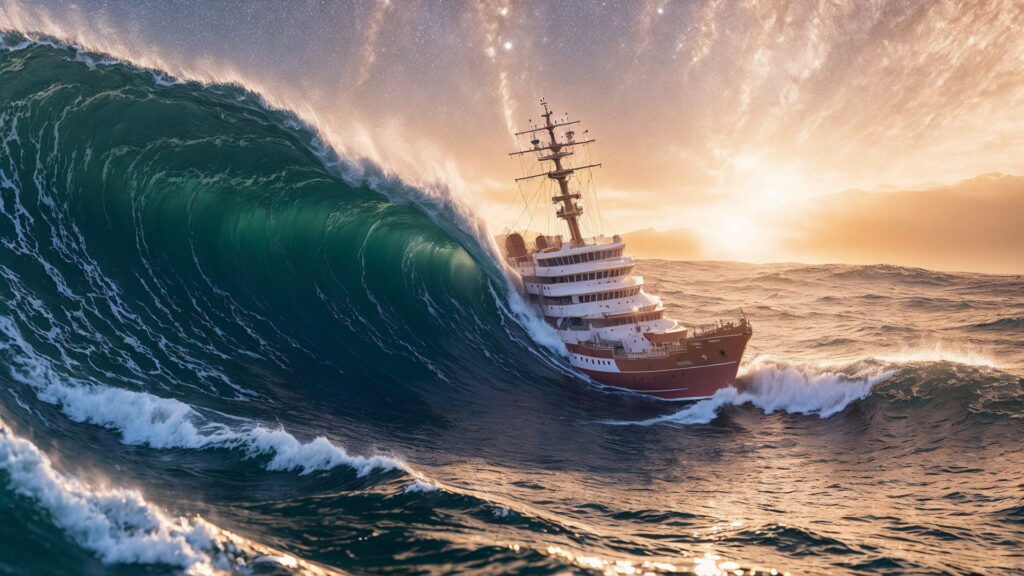 Zoomバーチャル背景 荒波の大海を進む大型船