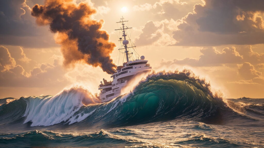 Zoomバーチャル背景 荒波の大海を進む大型船