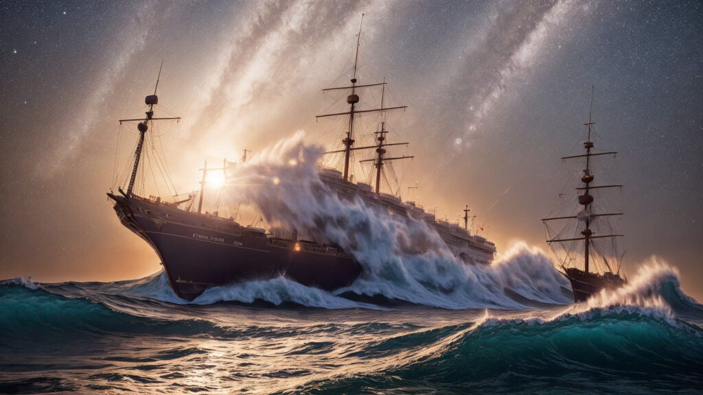 Zoomバーチャル背景 荒波の大海を進む大型船