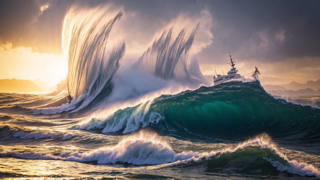 Zoomバーチャル背景 荒波の大海を進む大型船