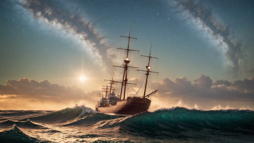 Zoomバーチャル背景 荒波の大海を進む大型船