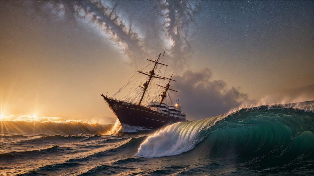 Zoomバーチャル背景 荒波の大海を進む大型船