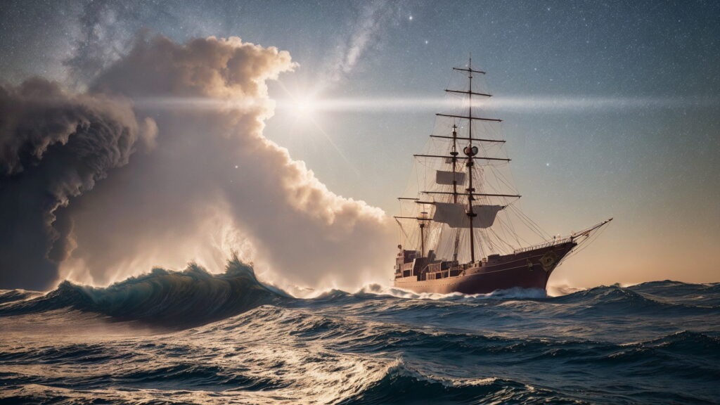 Zoomバーチャル背景 荒波の大海を進む大型船