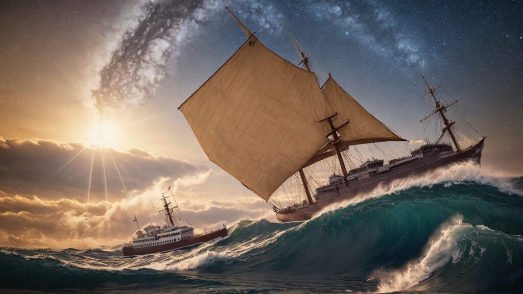 Zoomバーチャル背景 荒波の大海を進む大型船