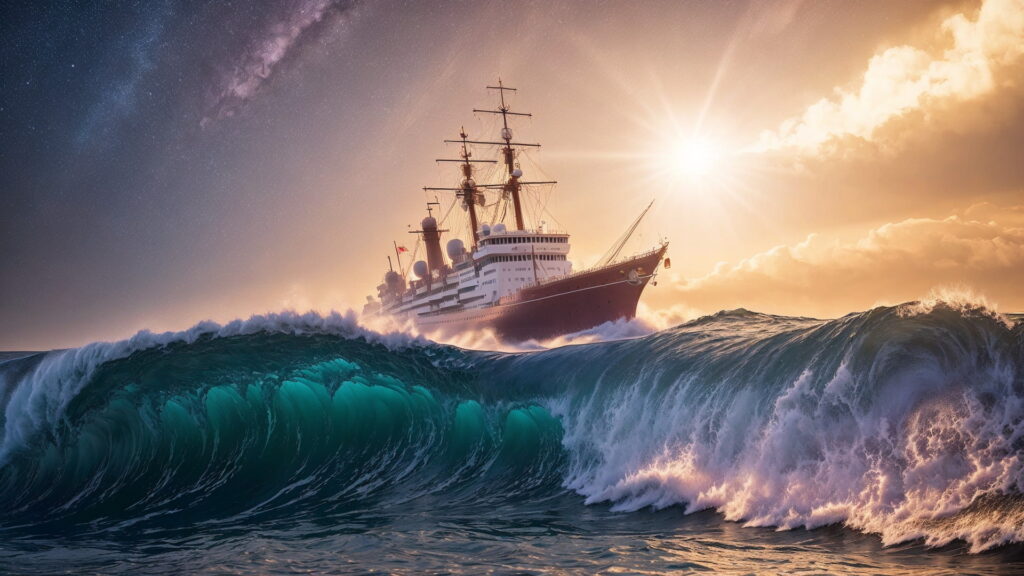 Zoomバーチャル背景 荒波の大海を進む大型船