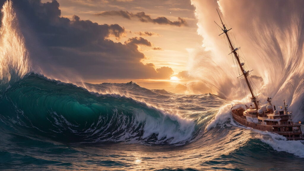 Zoomバーチャル背景 荒波の大海を進む大型船