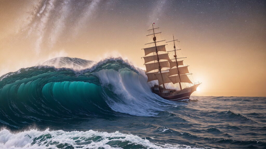 Zoomバーチャル背景 荒波の大海を進む大型船